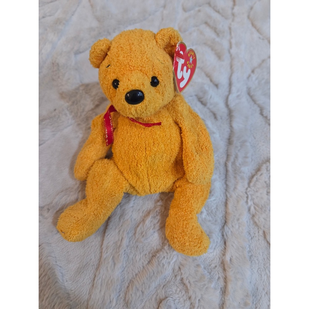 Ty Beanie Babies Poopsie the Bear Orange Yellow Plush 2001 Retired 04381 NWT